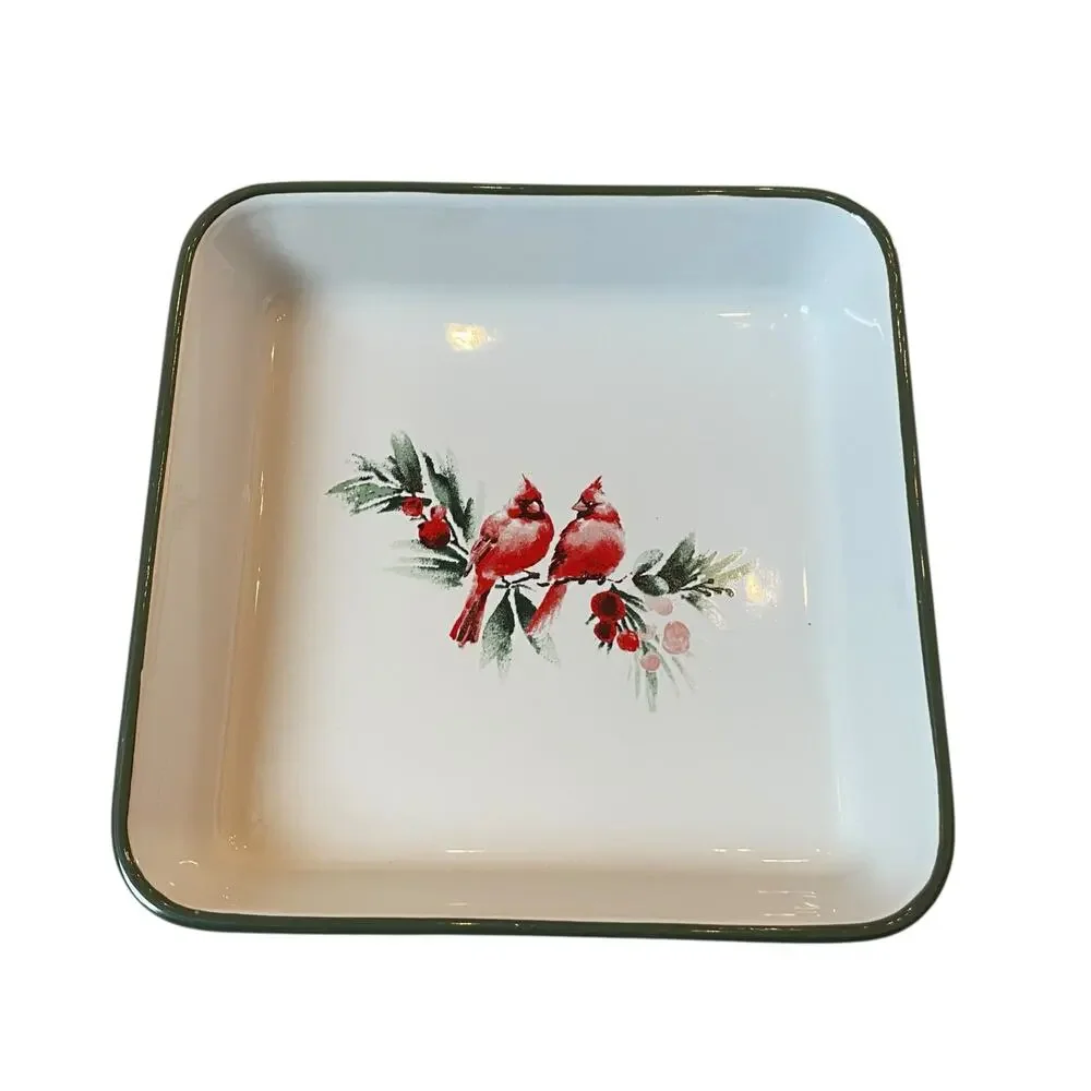 Laura Ashley Tartan Cardinals Ceramic Baker 9in Square Christmas Plaid NEW